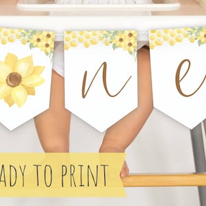 1st Bee Day Highchair Banner, Printable ONE High Chair Banner, Baby&#39;s First Birthday O-N-E Banner, Sunflowers 1st Birthday Banner, Honey Bee