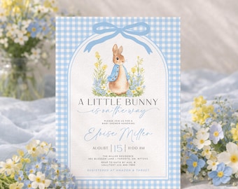 Editable Peter Rabbit Baby Shower Invitation, A Little Bunny is on the Way Invite, Blue Bunny Baby Shower Printable Invite, Canva Template