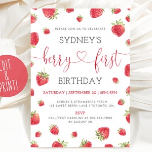 Berry First Birthday Invitation, Printable Strawberry 1st Birthday Invite, Girl 1st Birthday Invitation Template, Red Berry 1st Birthday DIY
