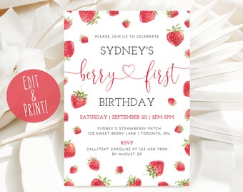 Berry First Birthday Invitation, Printable Strawberry 1st Birthday Invite, Girl 1st Birthday Invitation Template, Red Berry 1st Birthday DIY