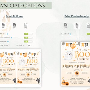 May include: Printable Halloween birthday invitation featuring a cute ghost holding a balloon with the text "Our Little Boo is Turning Two!" and "Jordan's 2nd Birthday". The invitation is decorated with orange and black colors and includes a black cat and pumpkins.