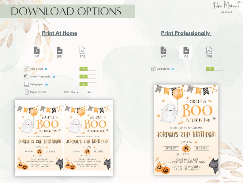 May include: Printable Halloween birthday invitation featuring a cute ghost holding a balloon with the text "Our Little Boo is Turning Two!" and "Jordan's 2nd Birthday". The invitation is decorated with orange and black colors and includes a black cat and pumpkins.