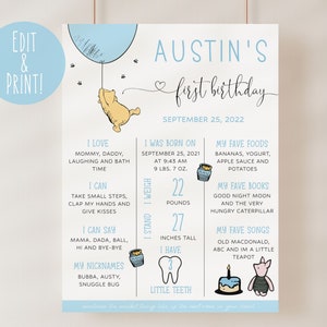 Winnie The Pooh 1st Birthday Milestone Board Template, Boy Birthday Milestone Sign, Editable Baby Stats Sign, Pooh Bear Blue Milestones Sign