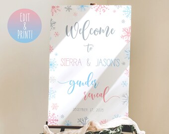 May include: A white sign with blue and pink snowflakes and the text "Welcome to Sierra & Jason's Gender Reveal December 17, 2023".