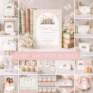 A New Chapter Begins Baby Shower Bundle, Storybook Baby Shower Invitation, Book Themed Baby Shower Decor and Games, New Tale, Canva Template