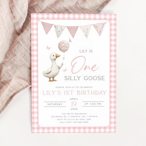 One Silly Goose 1st Birthday Invitation Template, Girl 1st Birthday Invite, Pink Gingham Invitation, Goose First Birthday Printable Invite