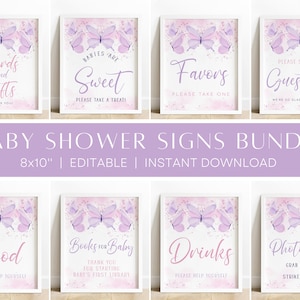 Schmetterling Baby Shower Schilder Bundle, Ein kleiner Schmetterling ist unterwegs Dekorationen, Mädchen Baby Shower Signage, Gästebuch Schild, Karten & Geschenke