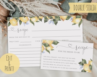 Citrus Bridal Shower Recipe Card, Lemon Bridal Recipe Card Insert, She Found Her Main Squeeze Bridal Shower, Printable Recipe Cards Template