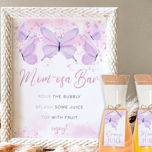 Butterfly Mimosa Bar Sign, Editable Baby Shower Momosa Bar Sign, Purple Baby Shower Mom-osa Bar Sign 8x10, A Little Butterfly Shower Decor