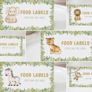 Etiquetas de alimentos imprimibles para cumpleaños de safari, plantilla de etiqueta de alimentos de animales de la jungla, etiquetas de bocadillos de cumpleaños editables de Wild One, tarjetas de lugar de safari