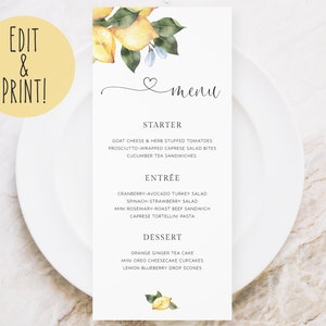 Modelo de menu de chá de panela com limão, menu de brunch de noiva cítrico editável, ela encontrou seu menu principal para impressão de chá de panela, menu de mesa de limão