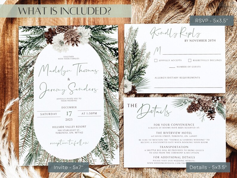 Winter Wedding Invitation Suite, Christmas Wedding Invitation Template, Editable Rustic Winter Wedding Invite Set, RSVP and Details Card image 5