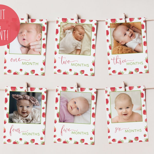 Berry First Birthday Monthly Photo Banner Template, Strawberry Birthday 1st Year Photos, Berry 1st Birthday Photo Garland, My First Year DIY