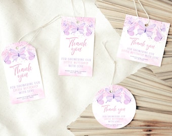 Vlinder gunst tags sjabloon, vlinder baby shower gunst tags, meisje baby shower dank u tag, vlinders baby shower cadeau tag afdrukbaar