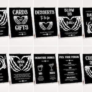 May include: Ten black and white signs with skeleton hands holding a heart shape. The signs have various text, including "Favors", "Cards and Gifts", "Desserts to die for", "Blow Us Bubbles", "Dancing Feet", "Photo Booth", "Open Bar", "Signature Drinks", "Pick Your Poison", and "Custom Sign".