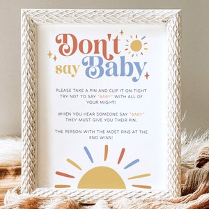 Placa para chá de bebê &quot;Here Comes the Son&quot;, Placa para imprimir &quot;Don&#39;t Say Baby&quot;, Placa para jogo de chá de bebê &quot;Sun&quot; e &quot;Don&#39;t Say Baby&quot;, Download para chá de bebê &quot;Boho Boy&quot;