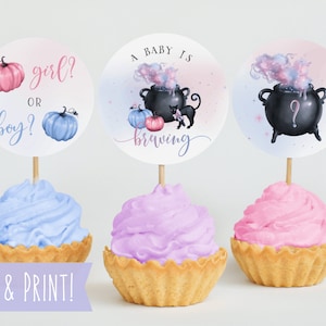 A Baby Is Brewing Cupcake Toppers Template, Printable Gender Reveal Cupcake Toppers, Halloween Gender Reveal Party Decor, Boy Or Girl Labels