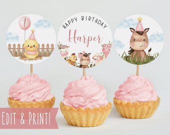 Pink Farm 1st Birthday Cupcake Toppers Template, Printable Barnyard Bash Round Cake Toppers, Editable Floral Farm Animals Dessert Decoration