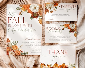Fall in Love Baby Shower Invitation Suite, Pumpkin Baby Shower Invite, Autumn Baby Shower, Fall Baby Shower Bundle, Printable Invitation Set