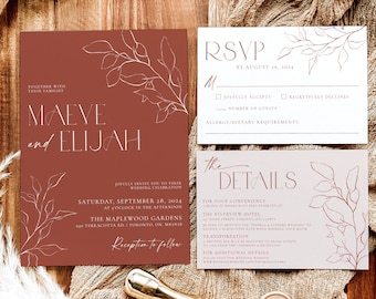Fall Wedding Invitation Template, Terracotta Wedding Invitation Suite, Minimalist Wedding Invitation Set, Autumn Boho Wedding Shower Invite