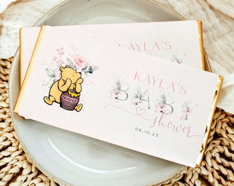 Winnie the Pooh Baby Shower Chocolate Bar Wrapper, Candy Wrapper Template, Pink Pooh Baby Shower Favors, DIY Printable Chocolate Wrapper