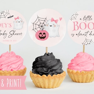 A Little Boo Is Almost Due Cupcake Toppers, Girl Halloween Baby Shower Dessert Toppers, Printable Pink Labels, Ghost Cupcake Topper Template