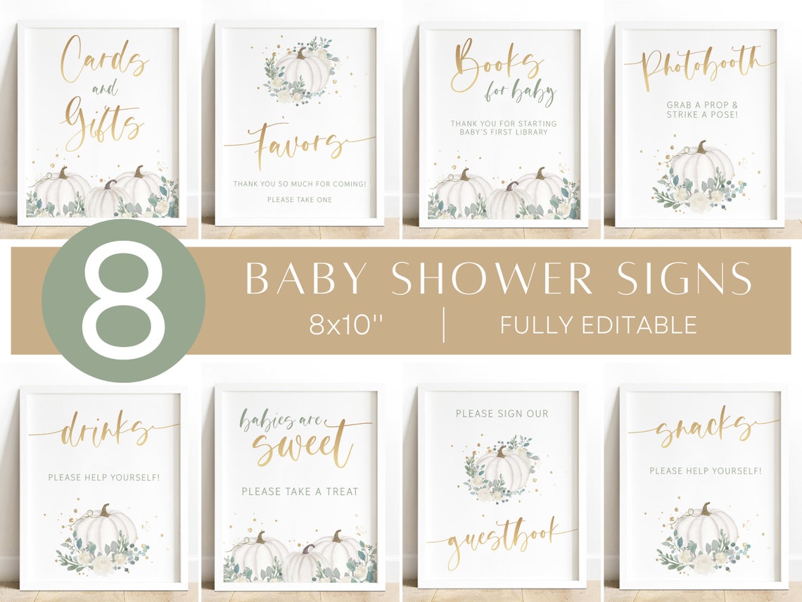 Pumpkin Baby Shower Signs, Fall Baby Shower Table Sign Template, White ...