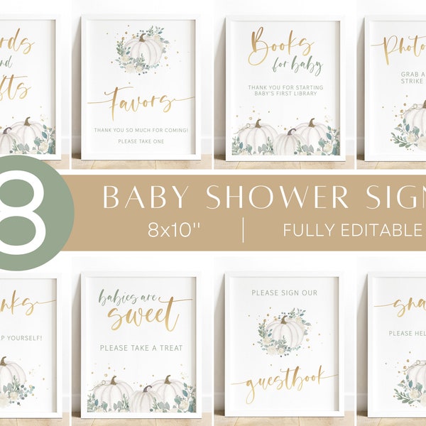 Pumpkin Baby Shower Signs, Fall Baby Shower Table Sign Template, White & Gold Editable Sign Templates, Favors, Cards and Gifts, Guestbook