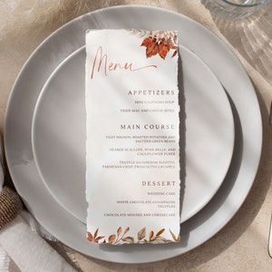 Modèle de menu de mariage en terre cuite, menu imprimable de mariage d'automne, menu de dîner de mariage rustique, cartes de menu de mariage orange rouille modifiables Télécharger