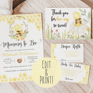 Paquete de invitación de baby shower de abeja, descarga de invitación de baby shower de miel, set de ducha de abejorro, libros de abejas para bebé, boleto para la rifa de pañales de ducha