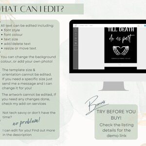 May include: A digital design template for a wedding invitation with the text "Till Death Do Us Part" and a graphic of two skeletal hands forming a heart. The template is customizable with editable text and background color.