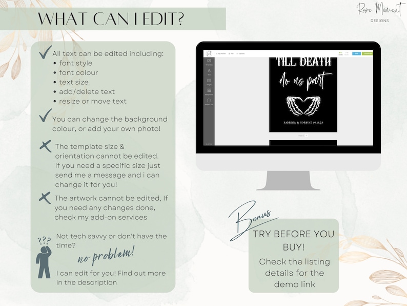 May include: A digital design template for a wedding invitation with the text "Till Death Do Us Part" and a graphic of two skeletal hands forming a heart. The template is customizable with editable text and background color.