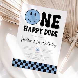 Eine glückliche Dude-Geburtstagseinladung, eine glückliche Dude-Einladung, Junge zum 1. Geburtstag Einladungsvorlage, bearbeitbarer Retro Smiley-Geburtstag Evite