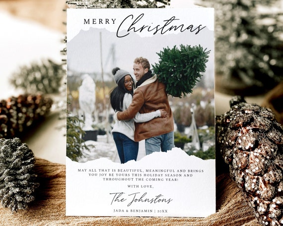 EDITABLE Christmas Card Template, Photo Christmas Card, Boho Holiday Cards, Modern Christmas Card Printable, Minimalist 5x7 Digital Download