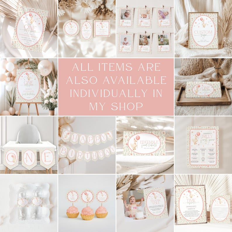 One Silly Goose Invitation Bundle, Vintage One Silly Goose Birthday, Pink One Silly Goose Bundle, Silly Goose Party Decor, Girl 1st Birthday image 8