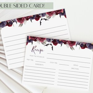 May include: Double-sided recipe card with a floral design featuring dark red and purple flowers, vines, and bats. The card has lines for writing down a recipe, including prep time, cook time, ingredients, serves, and directions.