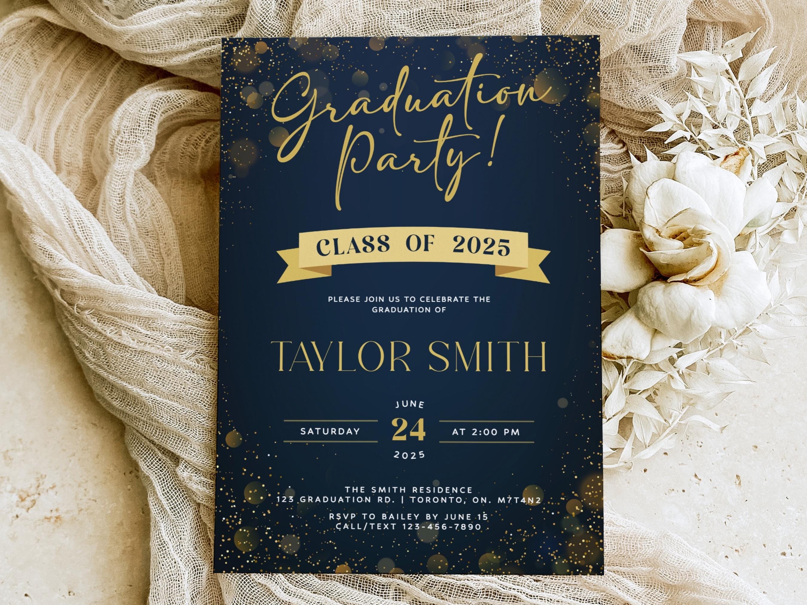 Graduation Party Invitation Template, Digital Graduation Party Invite,  Class of 2025 Invitation, Navy Blue and Gold Grad Evite Announcement - Etsy, image size:2700x2025