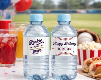 Rookie of the Year First Birthday Water Bottle Labels Template, Baseball Party Favors, Boy 1st Birthday Decor, Printable Water Bottle Labels