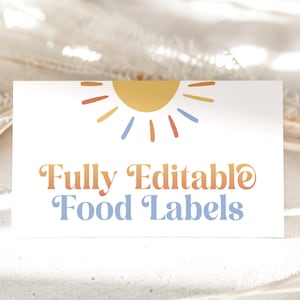 Etiquetas de comida para baby shower "Aquí viene el hijo", plantilla de etiqueta de comida para baby shower "Sun", tarjetas de etiquetas de comida editables, tarjeta de buffet "Sun", tarjeta de lugar