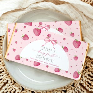 Berry First Birthday Chocolate Bar Wrapper Template, Printable Chocolate Wrappers, Strawberry Birthday Party Favors, Candy Bar Wrapper Label