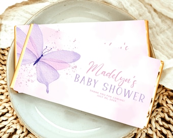 Butterfly Baby Shower Chocolate Bar Wrapper, Editable Candy Wrapper Template, Butterfly Girl Baby Shower Favors, Printable Chocolate Wrapper