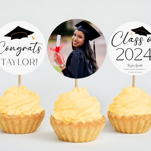 Graduation Cupcake Toppers 2024, Editable Graduation Dessert Toppers Template, Graduation Photo Cupcake Toppers, Custom Cupcake Grad Decor image 1