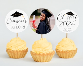 Graduation Cupcake Toppers 2024, Editable Graduation Dessert Toppers Template, Graduation Photo Cupcake Toppers, Custom Cupcake Grad Decor