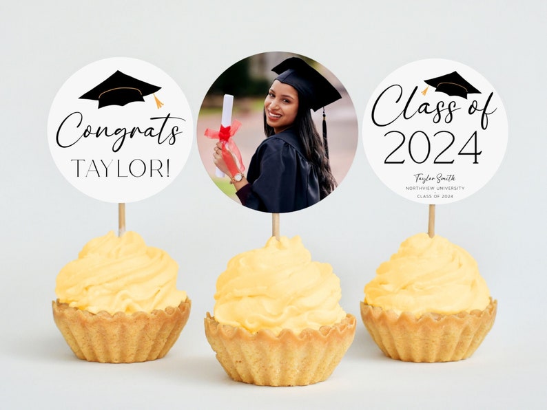 Graduation Cupcake Toppers 2024, Editable Graduation Dessert Toppers Template, Graduation Photo Cupcake Toppers, Custom Cupcake Grad Decor image 1