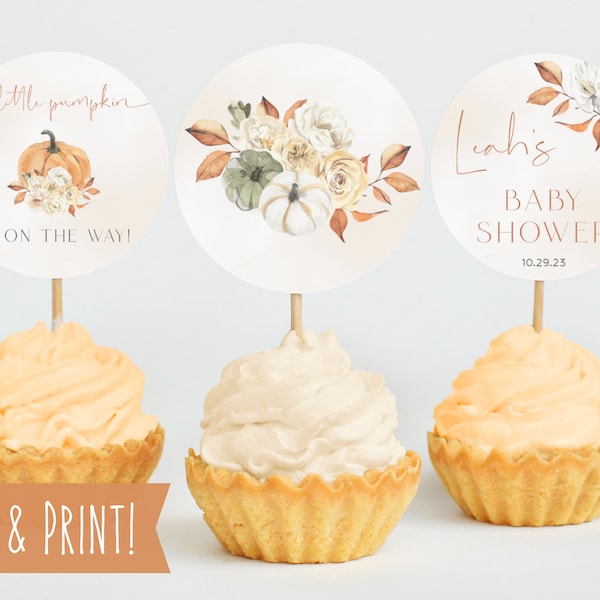 Pumpkin Baby Shower Cupcake Toppers, Fall Baby Shower Cup Cake Topper Templates, Printable Dessert Toppers, A Little Pumpkin Is On The Way