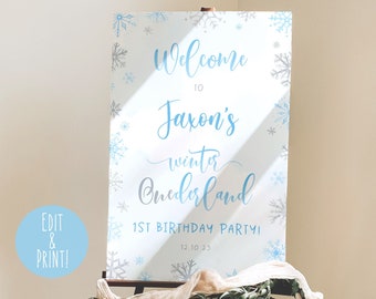 Winter Onederland Willkommensschild Vorlage, Bearbeitbares Winter Boy 1. Geburtstag Willkommensschild, Blaues Winter Onederland Geburtstagsfeier Willkommensplakat