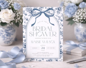 Chinoiserie Bridal Shower Invitation Template Dusty Blue Bridal Brunch Invite Something Blue Bridal Shower Invitations French Toile Elegant