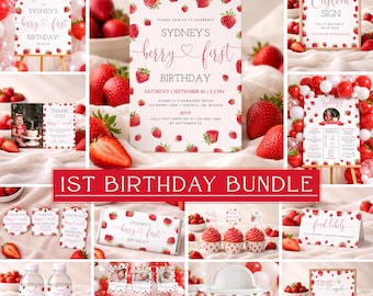 Berry First Birthday Invitation Bundle, Printable Strawberry 1st Birthday Set, Girl 1st Birthday Bundle, Berry Birthday Party Decor, Canva