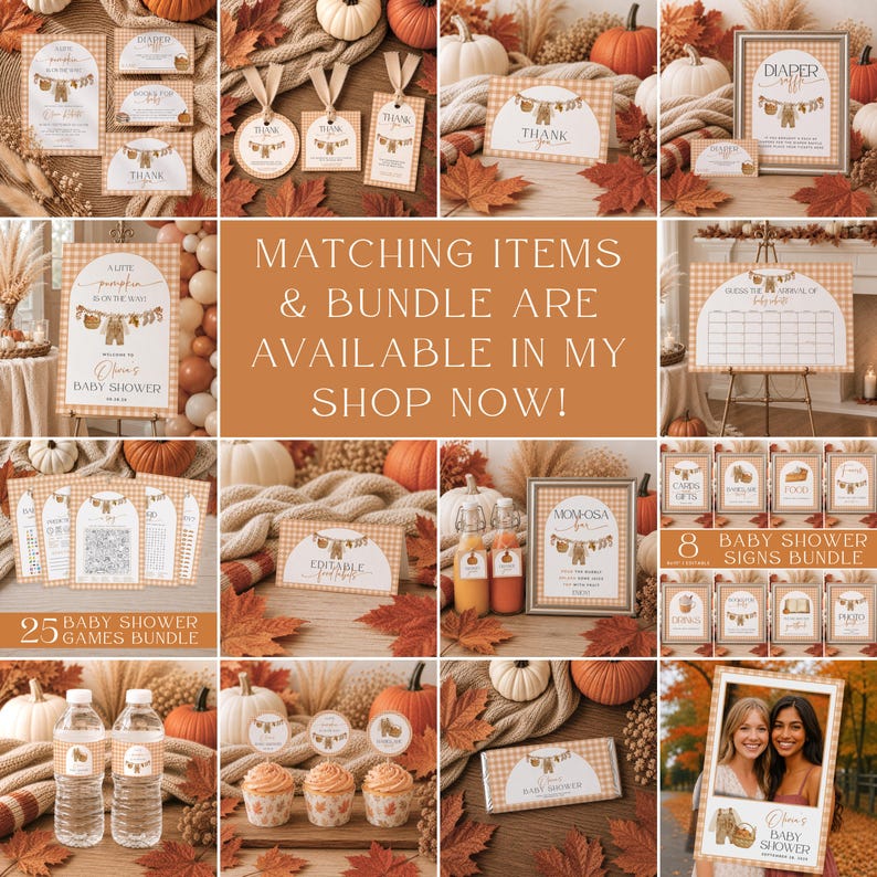 Little Pumpkin Baby Shower Signs, Fall Baby Shower Table Sign Bundle, Fall Baby Shower Bundle, Harvest Baby Shower Printable Signs, Gingham image 2