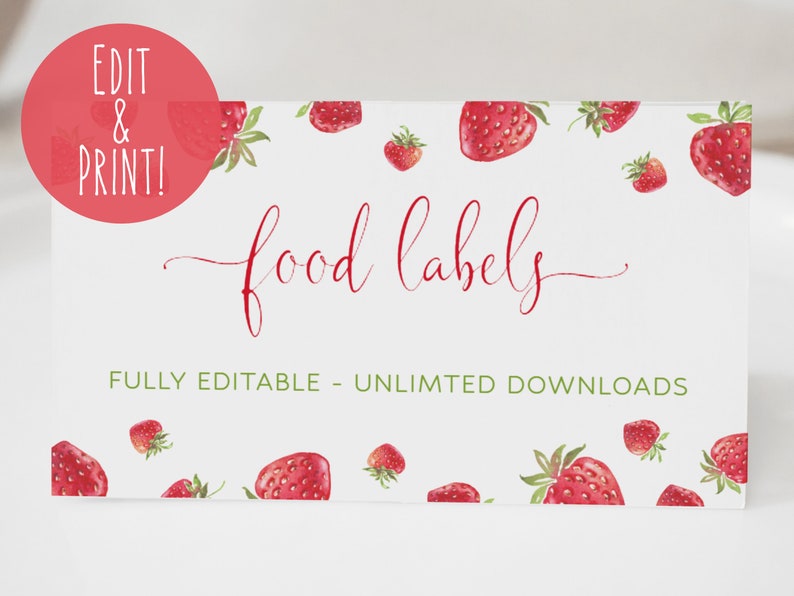 Berry First Birthday Food Labels Template Strawberry Birthday Flat Tent Fold Labels Berry Party Name Place Cards Editable